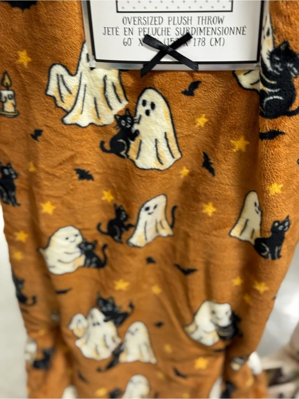 Plush Halloween Ghost & Black Cat Throw Blanket - Orange